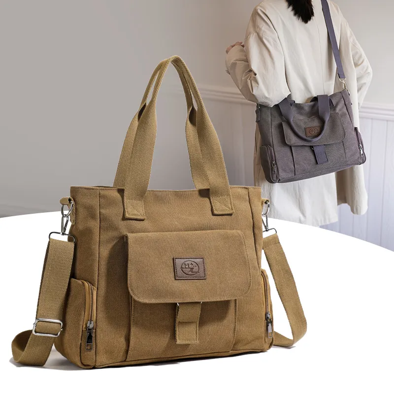Canvas Tote Bag with Zipper Closure, Retro Style for Commute & Casual Use - 3