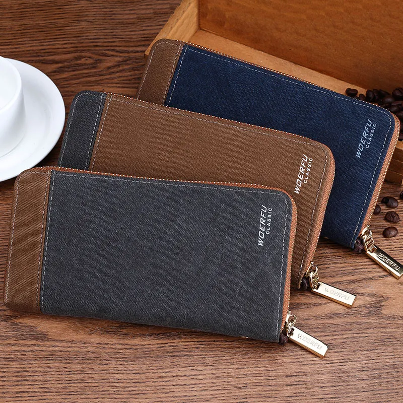 Men's Canvas Long Wallet with Zipper, Multi-Card Slots & Phone Pocket - 5