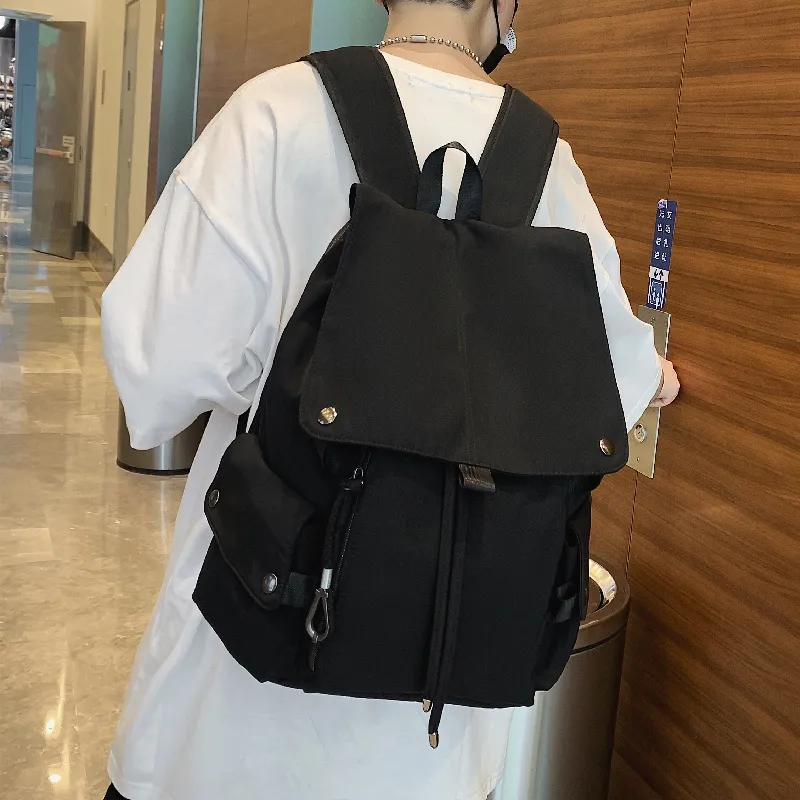 Solid Color Backpack Men Large Capacity Travel Laptop Bag Drawstring - 5