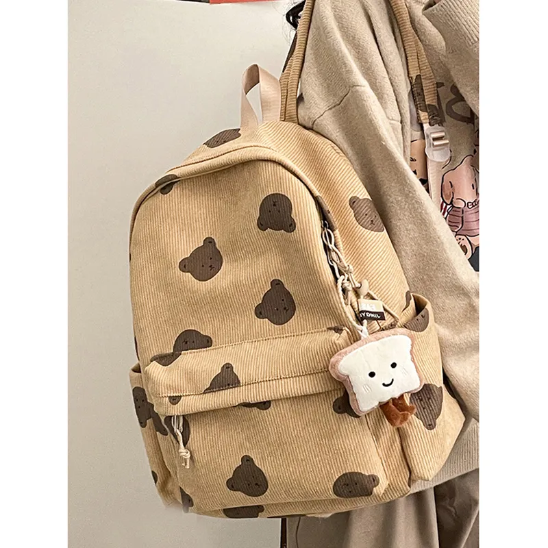 Cute Bear Backpack Women Corduroy Large Capacity School Bag - 1
