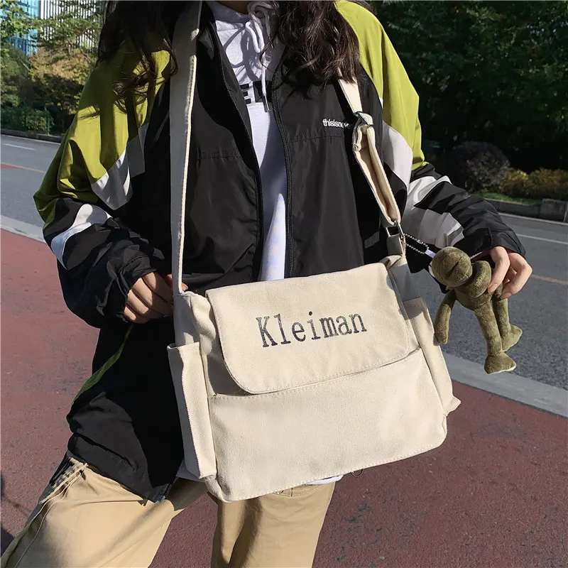 Unisex Canvas Crossbody Bag, Minimalist Japanese Korean Style, Solid Color - 2