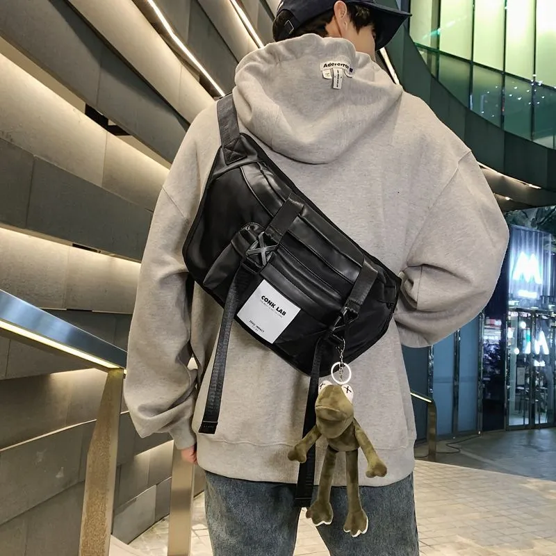 Men's Crossbody Bag PU Minimalist Waist Pack Unisex Sling Bag Black - 5