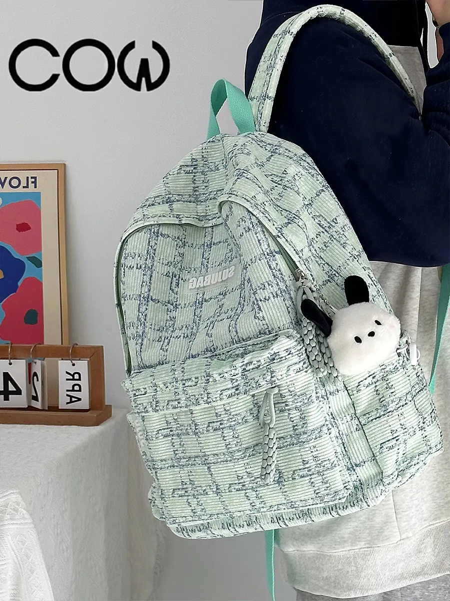 Corduroy Backpack for Women, Cute Japanese Style School Bag with Plaid Pattern - 5