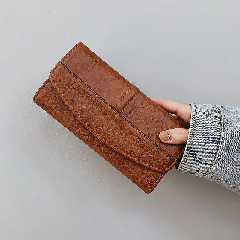 Long Wallets for Women 2025 Vintage Oil Wax Leather Foldable Large Capacity - 1