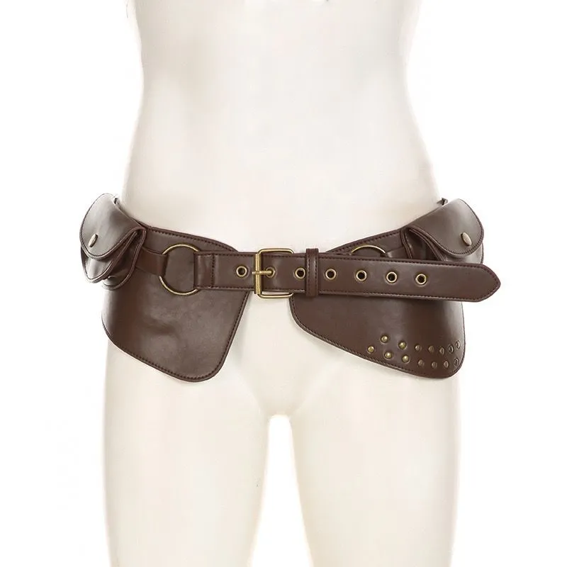 Western Style Rivet Corset Belt with Buckle, Brown PU Leather Waist Cincher - 2