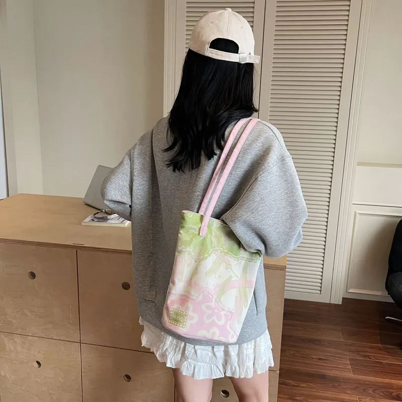 Green & Pink Canvas Tote Bag for Women, Large Capacity Simple Commuter Bag - 4