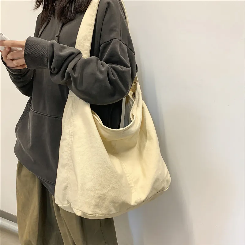 Ins Fashion Canvas Tote Bag with Stitching, Large Shoulder Crossbody Bag - 1