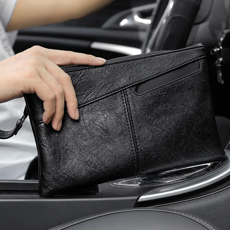 Men's Leather Look PU Handbag Large Capacity Zipper Envelope Clutch - 4