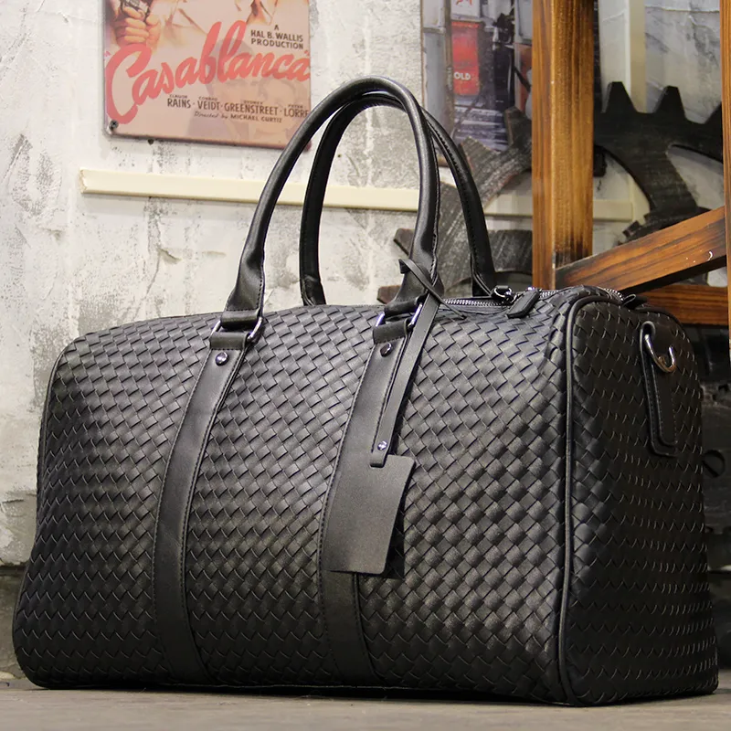Men's Woven Leather Briefcase, Large Capacity Travel Bag for Business - 3