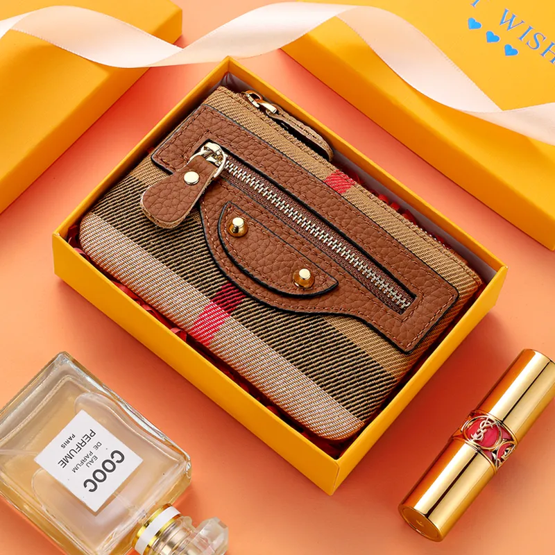 Mini Slim Coin Purse Women's Genuine Leather & Canvas Retro Plaid Key Wallet - 5