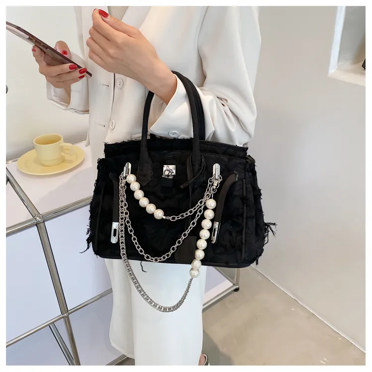 Kelly Bag 2024, Vintage Denim Crossbody Bag with Tassel & Lock Closure - 3