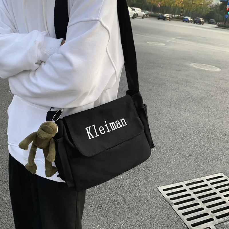 Unisex Canvas Crossbody Bag, Minimalist Japanese Korean Style, Solid Color - 4