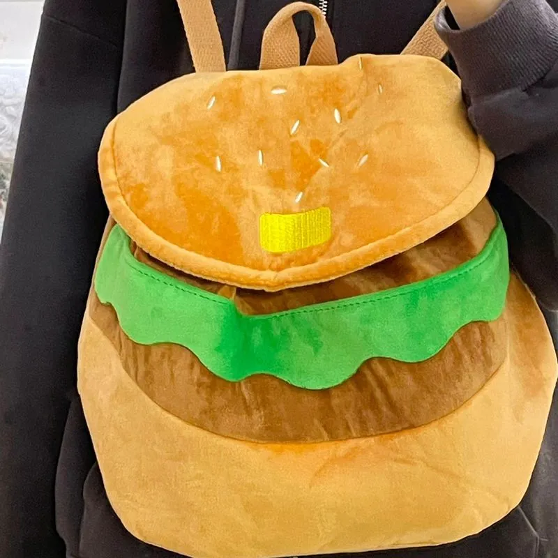 Cute Plush Color Block Hamburger Backpack Large Capacity School Bag for Girls - 1