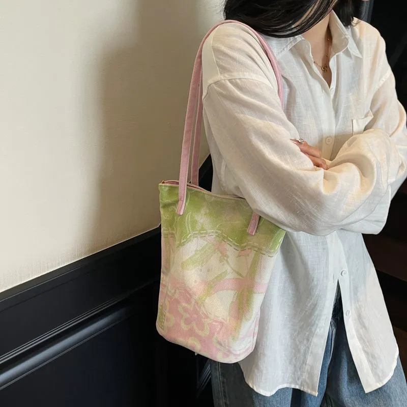 Green & Pink Canvas Tote Bag for Women, Large Capacity Simple Commuter Bag - 2