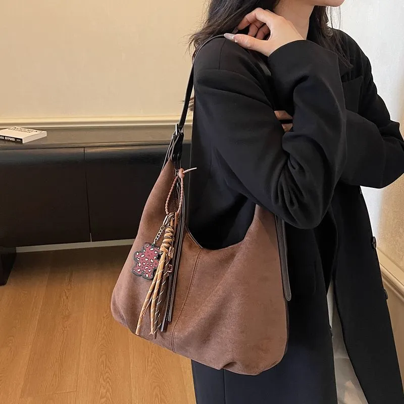Vintage Suede Tote Bag Large Capacity Crossbody Purse - 2