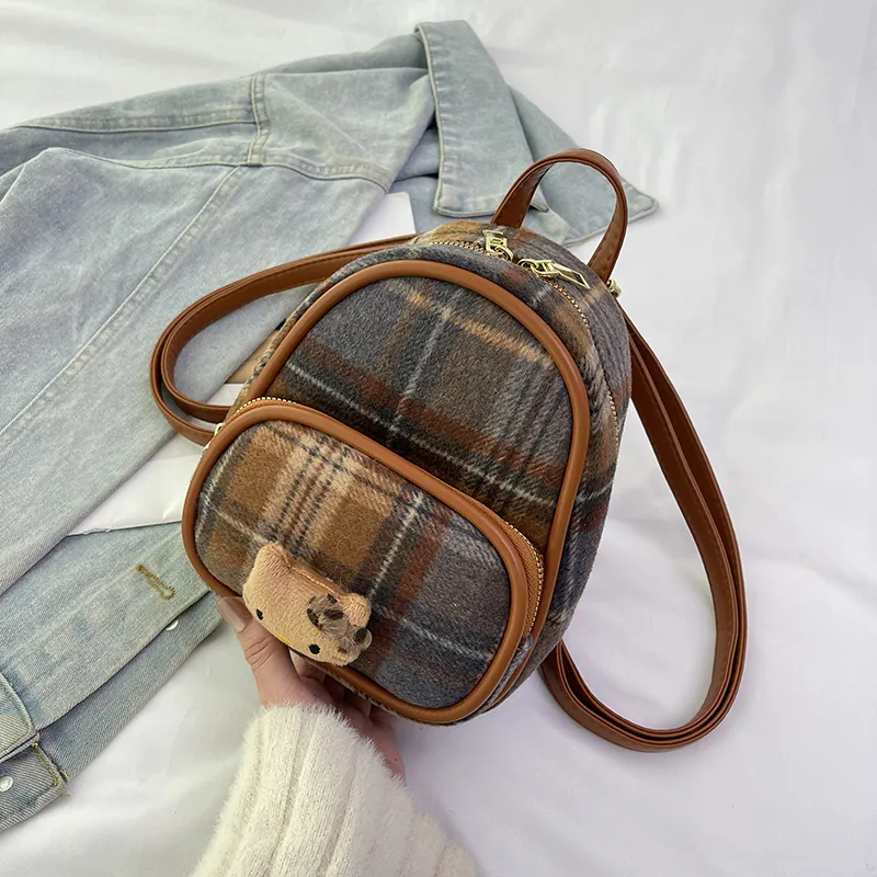 Retro Tweed Mini Backpack for Women, Ins Student Small Bookbag - 2