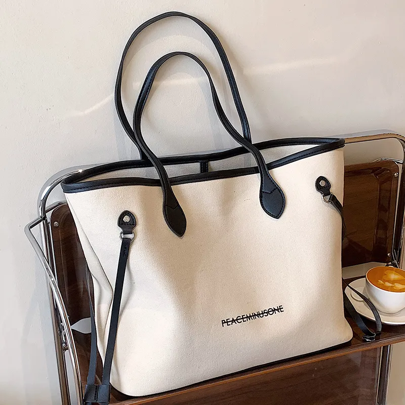 Women's Canvas Tote Bag Large Capacity Drawstring Lock Retro Style - 1