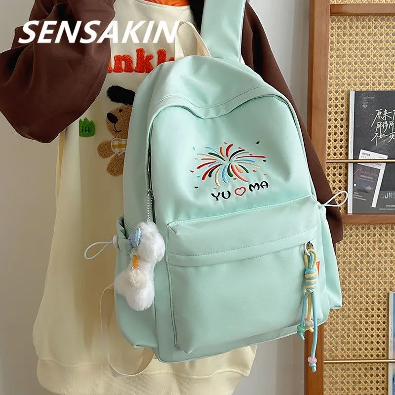 Cute Pastel Backpack for Women, Large Capacity Nylon School Bag with Embroidery - 2
