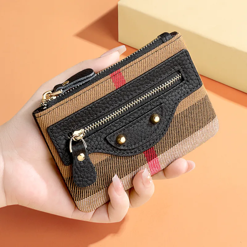 Mini Slim Coin Purse Women's Genuine Leather & Canvas Retro Plaid Key Wallet - 4