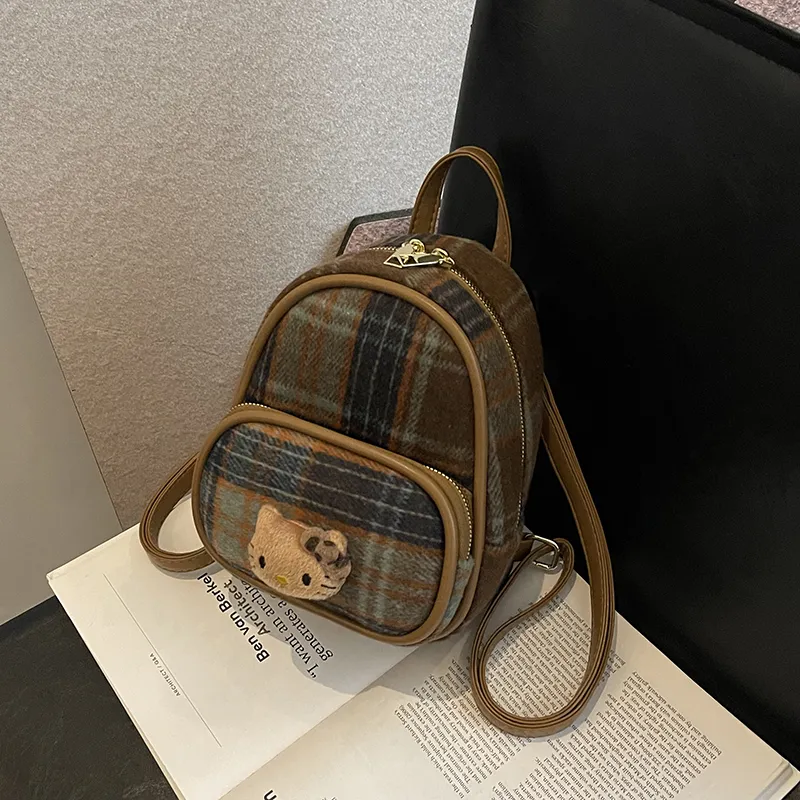 Retro Tweed Mini Backpack for Women, Ins Student Small Bookbag - 3