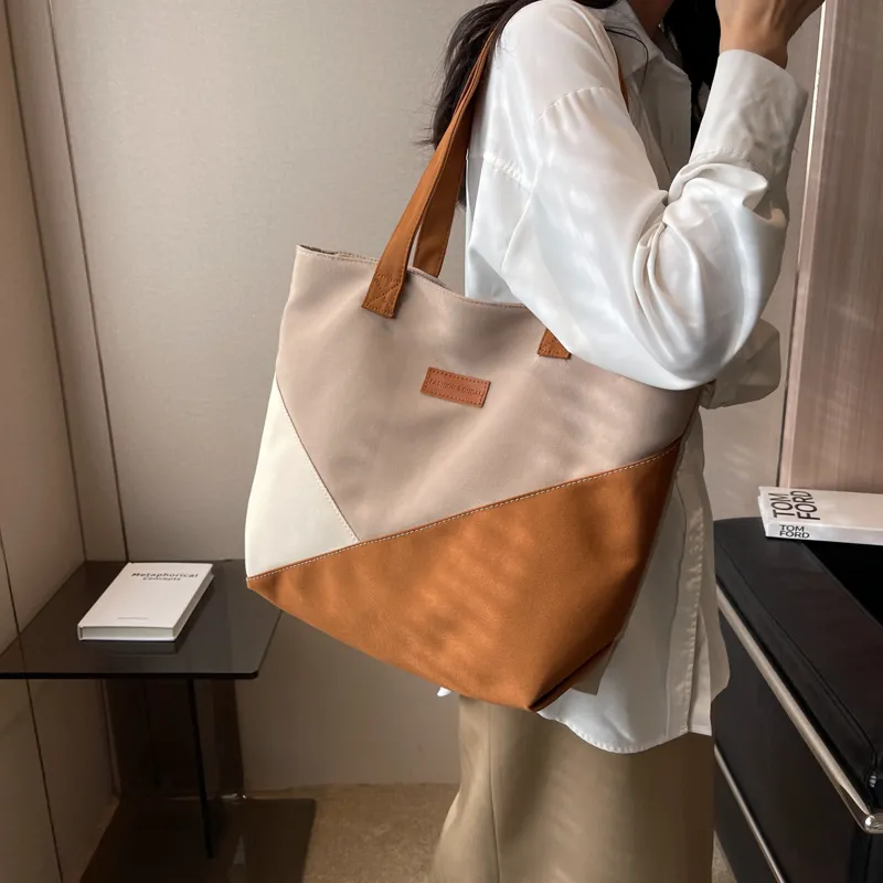 Canvas Tote Bag Women 2023 New Color Block Shoulder Handbag - 1