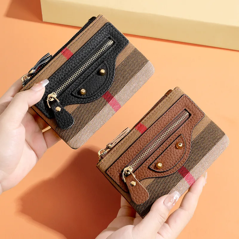 Mini Slim Coin Purse Women's Genuine Leather & Canvas Retro Plaid Key Wallet - 2