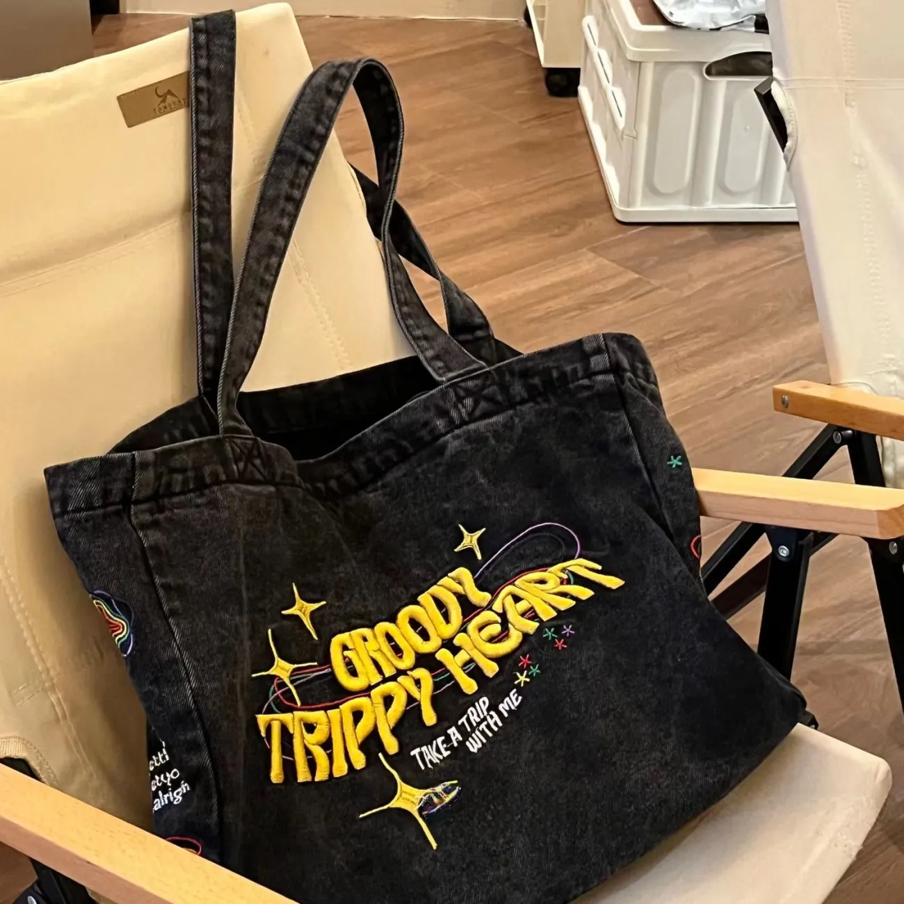 Vintage American Denim Tote Bag with Embroidery, Large Capacity Shoulder Bag - 2