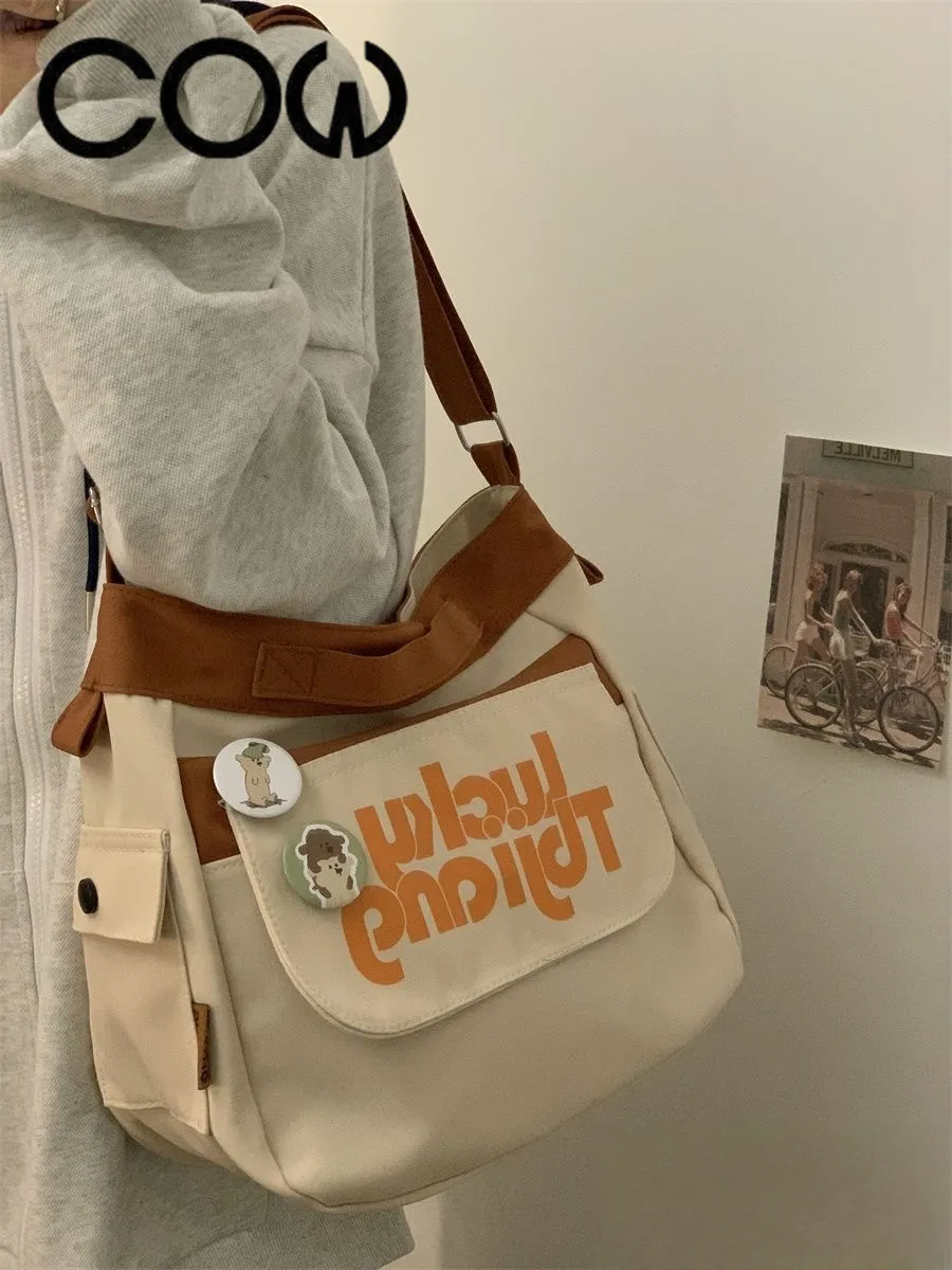 Canvas Shoulder Bag Women Large Capacity Crossbody Bag Retro College Style - 2