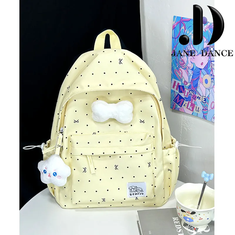 Polka Dot Bow Backpack for Girls, Cute Student Rucksack with Butterfly - 3