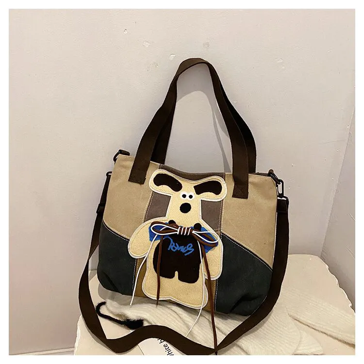 Vintage Canvas Crossbody Bag with Dog Print, Large Capacity Tote - 1