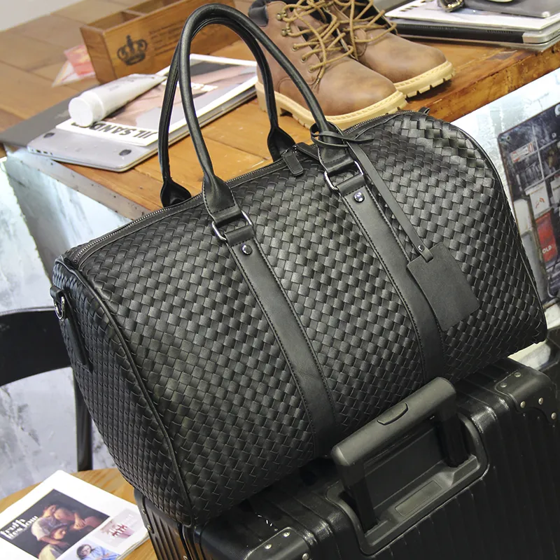 Men's Woven Leather Briefcase, Large Capacity Travel Bag for Business - 2