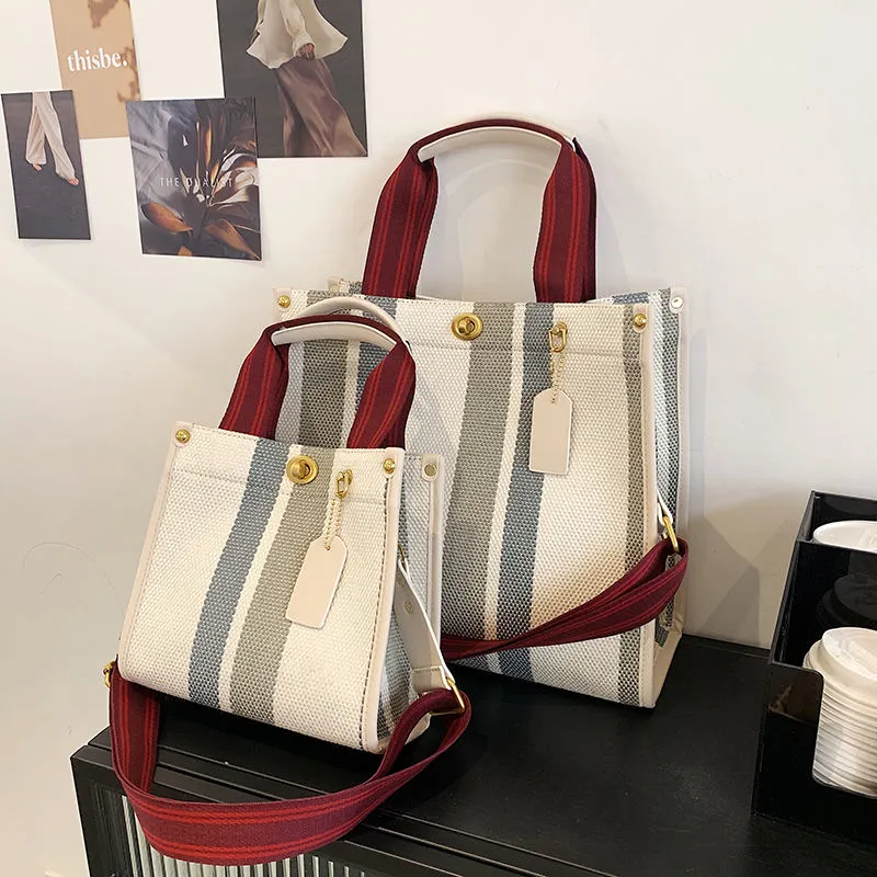 Canvas Tote Bag for Women, Striped Shoulder Bag for Commute & Work - 2