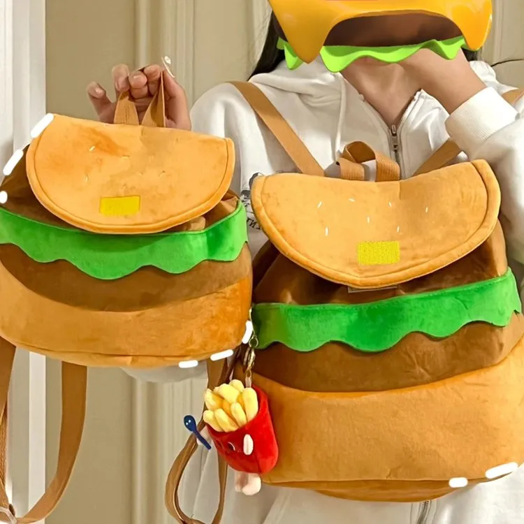 Cute Plush Color Block Hamburger Backpack Large Capacity School Bag for Girls - 2
