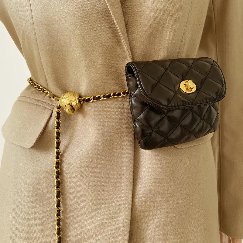 Chain Belt with Gold Ball Waist Bag for Women, PU Leather Waist Chain - 1