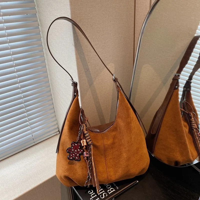 Vintage Suede Tote Bag Large Capacity Crossbody Purse - 3