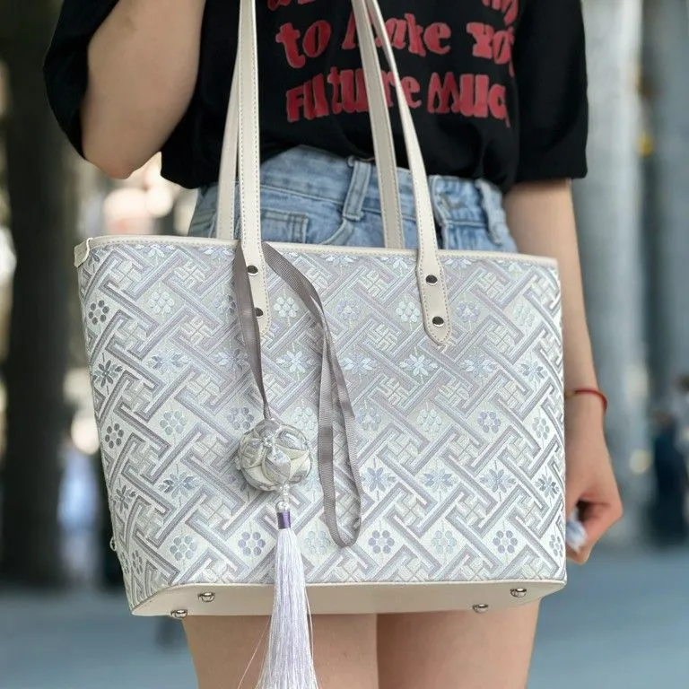 Zhuang Brocade Tote Bag, Silver White Ethnic Crossbody Bag for Women - 3