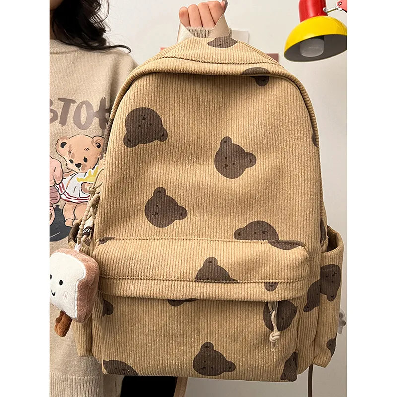 Cute Bear Backpack Women Corduroy Large Capacity School Bag - 2