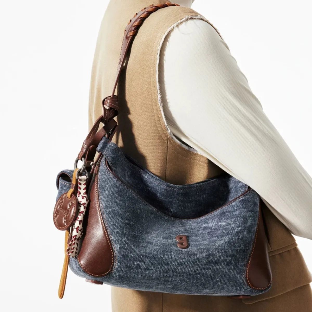 Baseball Hobo Bag Small Crossbody Bag Brown Leather Shoulder Bag - 5