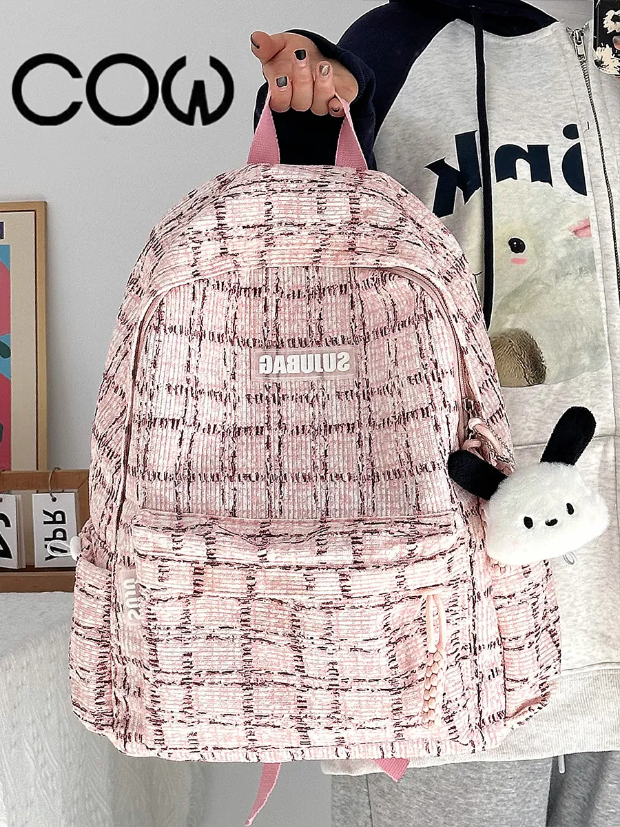 Corduroy Backpack for Women, Cute Japanese Style School Bag with Plaid Pattern - 2