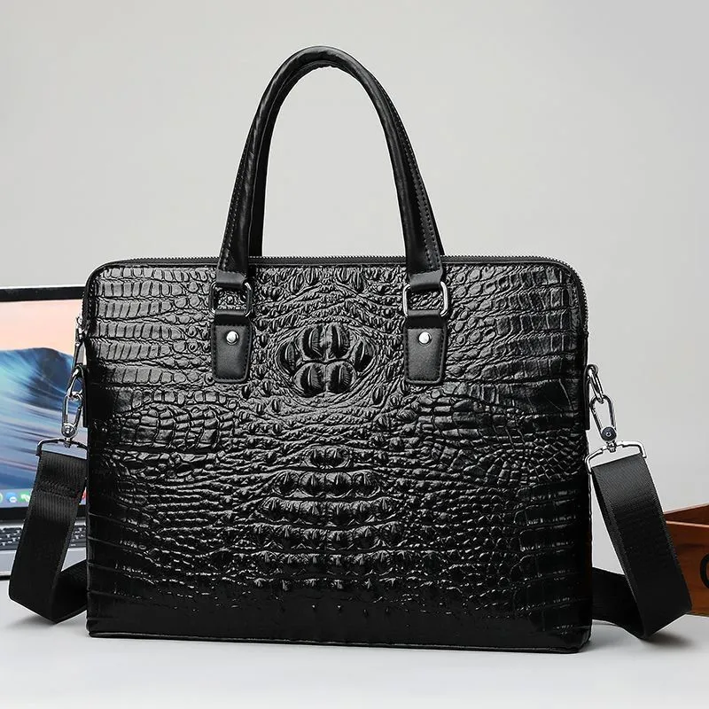 Men's Crocodile Leather Briefcase, 13 Inch Laptop Bag, Crossbody Messenger Bag - 1